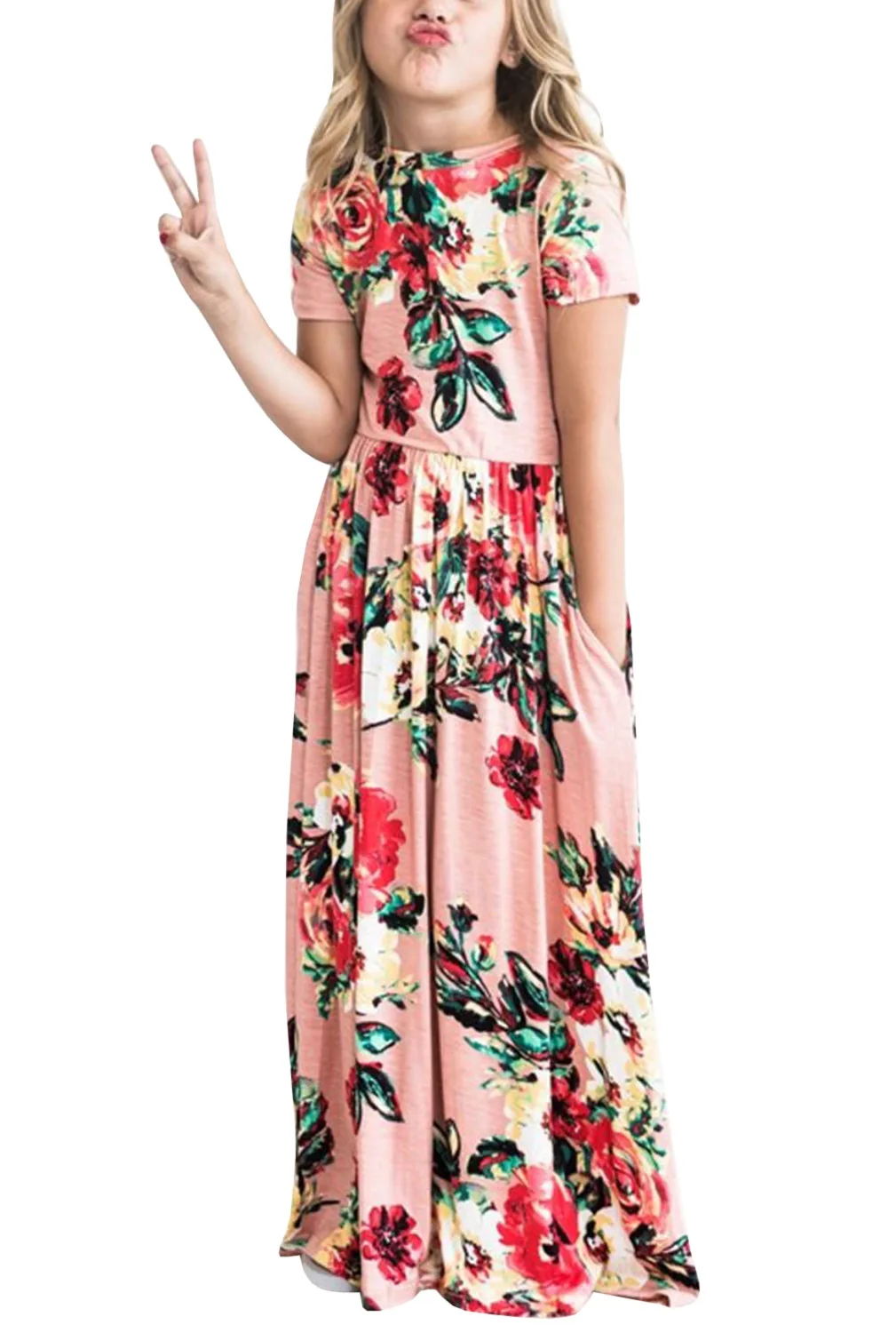 1-10Yrs Summer Baby Girls Bohemian Long Printing Birthday Party Maxi Dress with Pocket Floral Casual Children Girls Beach Dress