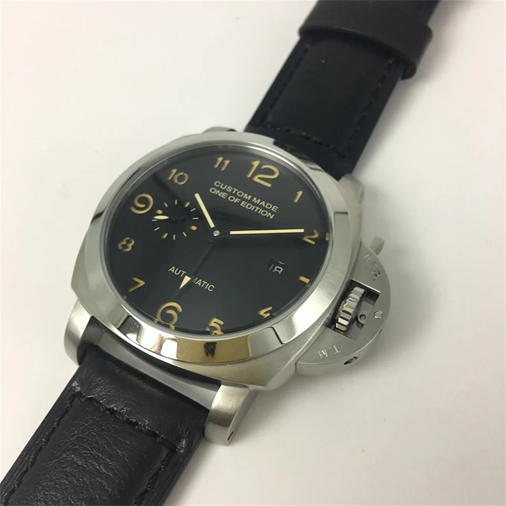 44mm GMT Watch Men Automatic Mechanical Power Reserve Stainless Steel Luminous Waterproof Leather Strap Date Watch P03
