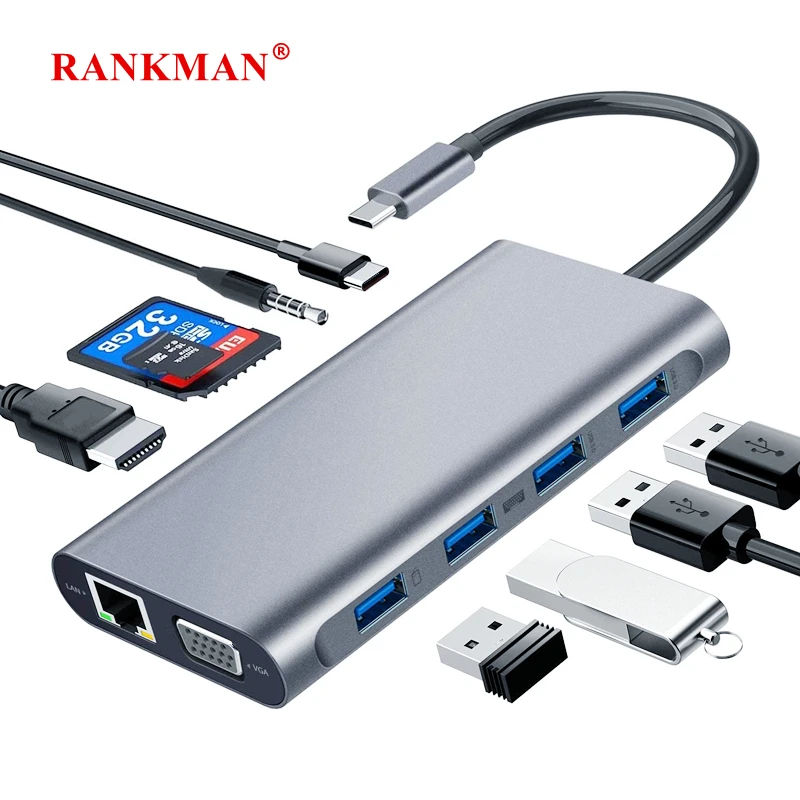 Док-станция Rankman типа C Thunderbolt 3-Gigabit RJ45 HDMI-совместимая с VGA SD TF USB 3 0 для MacBook Samsung S21 Dex