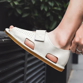 

Genuine Leather Men's Sandals Handmade sewing Classic Men Slippers Walking Beach Sandalias Outdoor Men fashion Roman Sandals