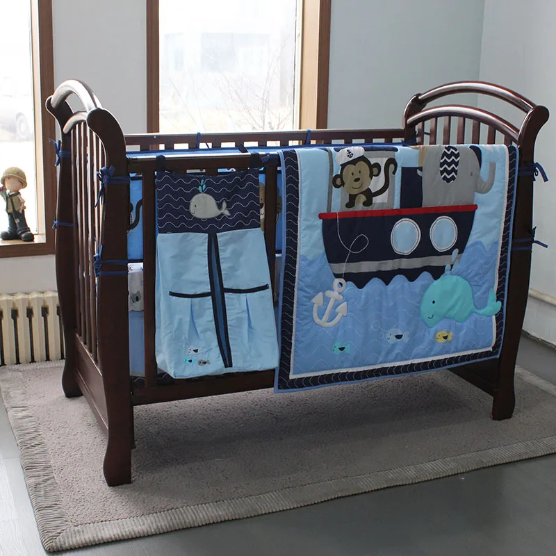 Ensemble de literie bébé 8 pièces pour garçons | Couette singe de l'océan bleu, drap de lit, jupe de lit, pare-chocs et nappe, nouveau design 2020