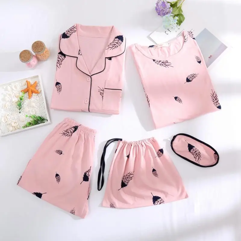 

According to Feminine Summer Short Sleeve Shorts Set Single Women Pajamas Homewear Set Pure Cotton Five Pieces Set