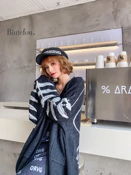 

2020 Autumn large size v-neck long sweaters women diamond sweaters
