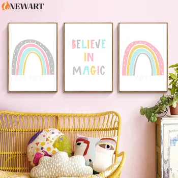 

Believe In Magic Prints Nursery Wall Poster Lovely Rainbow Picture Kids Bedroom Decoration Decorative Canvas Painting Decor