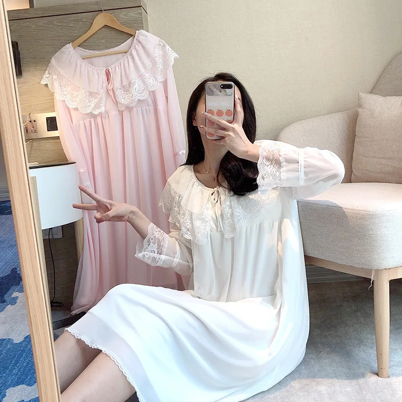 

Sleepwear Dress Women's Spring And Autumn Lace Pure Cotton Sexy Chest Pad Gauze Double Layer Thin Home Wear-Outer Wear