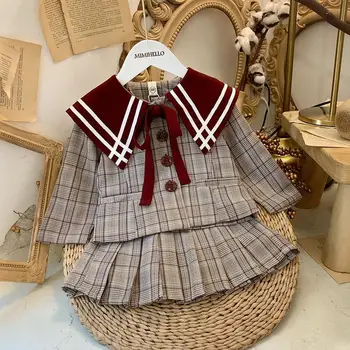 

2020 Girls Baby Classic Plaid Clothing Set Preppy Style Jacket+pleated Skirt Girl Kids Fashion Princess Suits Children Clothes