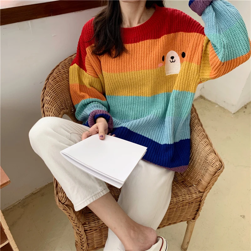 Осенне-зимний свитер женский пуловер длинный рукав Радужная вышивка женский корейский свободный свитер с круглым вырезом