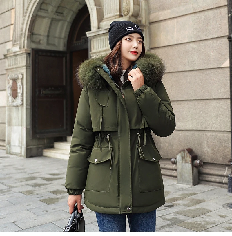 Fashionable Warm Cotton Liner Hooded Down Parkas Coat Winter Jacket Women Adjustable Waist Fur Collar Jacket Parka 2020 New
