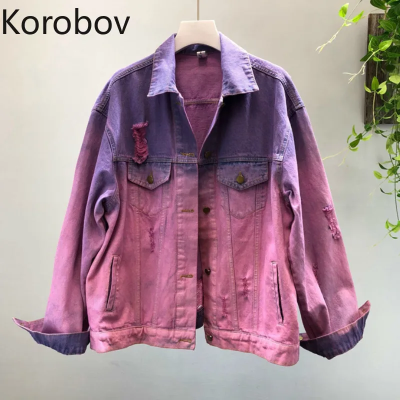 Korobov Осень-Зима Новое поступление хит цвет Джинсовая Куртка Harajuku розовый фиолетовый лоскутное одеяло пальто уличная куртка Bomer 79007