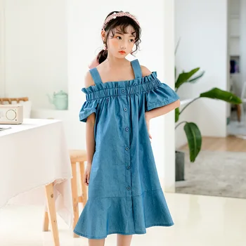

New 2020 Summer Cute Girls Dresses Elegant Kids Cowboy Dresses for Teen Girls Fashion Baby Girls Off-shoulder Dresses, #9048
