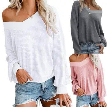 

Fashion Women Sweaters V Neck Long Sleeve One Shoulder Loose Pullovers jumper Knit Sweater Casual Blouse Women's Sweater clothin