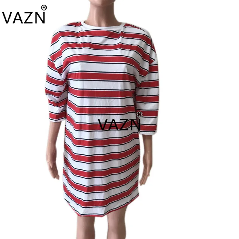 VAZN дамы отверстие продажи обычная, высокая, на выход стиль женщин свободное платье полосатый o-образным вырезом Половина рукава женщин Мини платье OMM1532