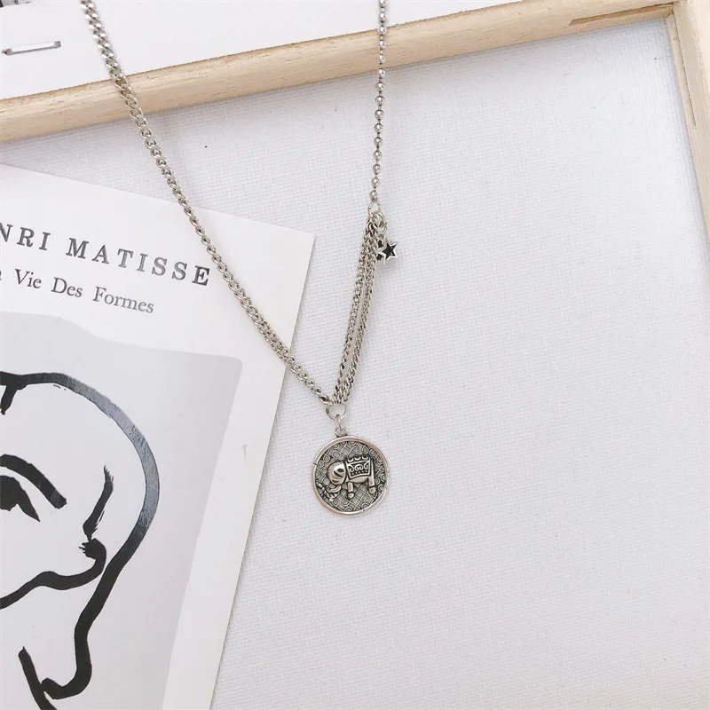 

South Korea Dongdaemun Accessories Thai Silver Retro round Plate Elephant Star Necklace Women's Tassels Silver Necklace Fashion