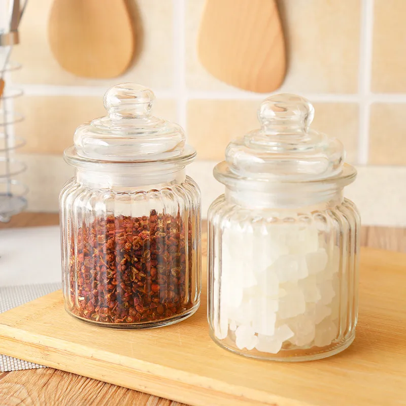 

Kitchen Glass Seal Pot Vertical Stripe Food Seasoning Glass Tea Pot Glass Jam Bottle Storage Pot