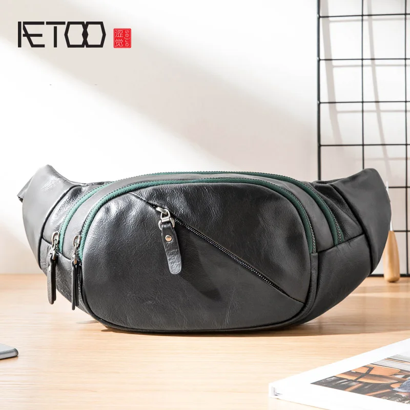 

AETOO Leather men's chest bag, one-shoulder slant bag, casual cowhide waist hanging bag, trend men's bag