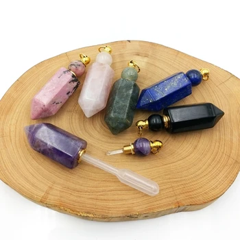 

natural Chakra Crystal Quartz Perfume Bottle Hexagon prism Pendant with wand gold color plated stainless steel vials Necklace