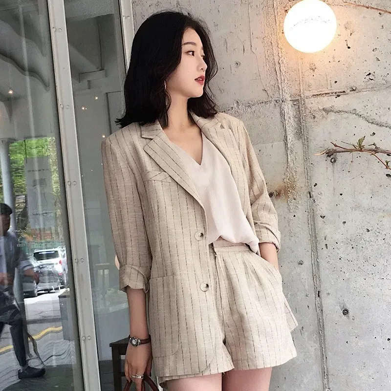 

Office Ladies New Stripes Linen Loose 2Pcs Suis Long Sleeve Single Breasted Notched Medium Length Blazer High Waist Hot Shorts