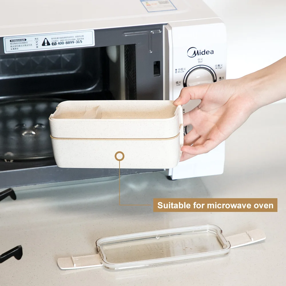 750ml Healthy Material 2 Layer Storage Lunch Container Microwave Lunch Box Dinnerware Wheat Bento Food Straw box Boxes
