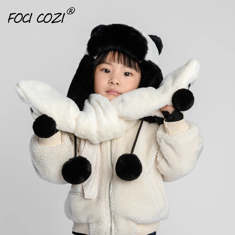 new Faux Fur panda set cap scarf children animal winter hats scarf for kids scarf winter ushanka russian hat earflap girls