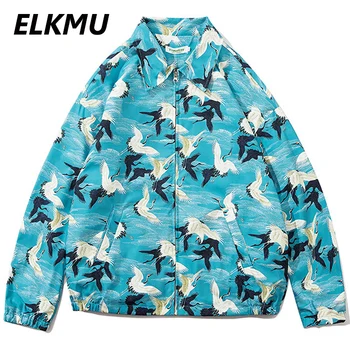 

ELKMU Full Crane Printing Jackets Men Hip Hop Casual Streetwear Loose Coats 2020 Harajuku Fashion Outwear Tops WE075