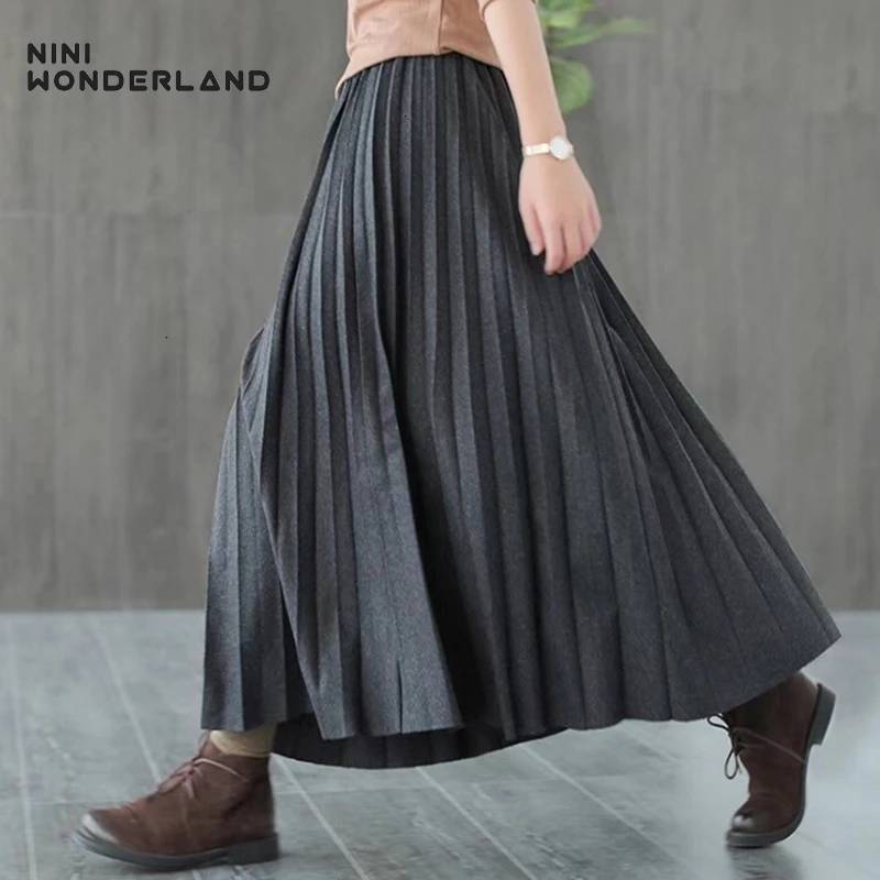 NINI WONDERLAND Осенняя трапециевидная плиссированная юбка для женщин, модные длинные юбки серого цвета, женские классические винтажные однотонные свободные юбки