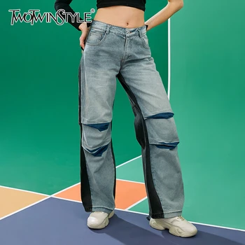 

TWOTWINSTYLE Casual Patchwork Hit Color Denim Women's Pants High Waist Pocket Wide Leg Jeans Female 2020 Spring Fashion Clothing