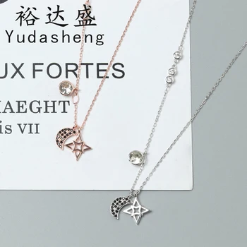 

Double Star Moon Necklace Girls Rose Gold Student Set Chain Clavicle Chain Fit Original Pandoras Charm