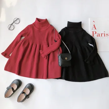 

New Baby Girls Sweater Dresses Autumn and Winter Children Knitted Long Sleeve Turtleneck Solid Princess Dress Children Clothes