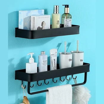 

Bathroom Wall Mount Storage Rack Kitchen Organizer Shelves No Drilling Adhesive Bathtoom Storage Shower Holder Rack with Hook