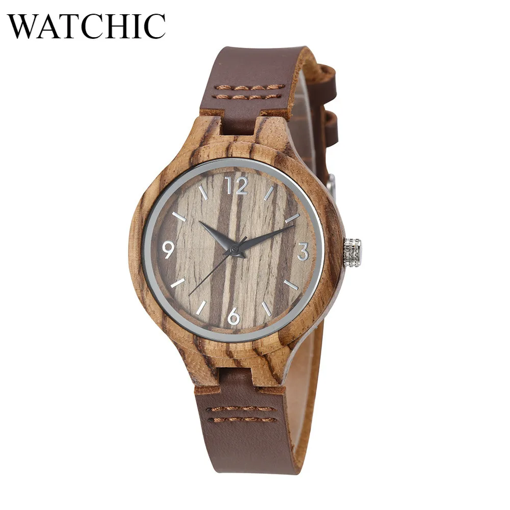 Minimal Bamboo Lady Watch women Leather Strap Quartz Zebra Wood Watches Wooden Wristwatch Relogios Mujeres Gift Idea | Наручные часы