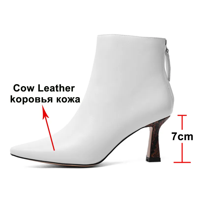 ANNYMOLI Winter Ankle Boots Women Natural Genuine Leather Kitten High Heel Short Boots Zip Pointed Toe Shoes Ladies Fall Size 39