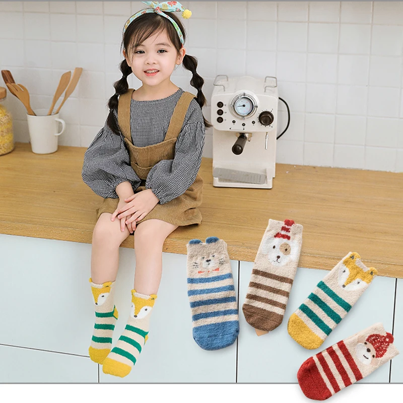 Caramella Winter Fleece Short Kids Socks Cartoon Animal Stripe Warm Floor Socks Baby Girl Boy Funny Fox Socks Children Hosiery