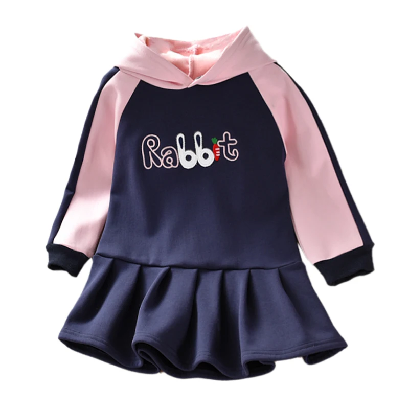 

Cute 1Y-6Y Autumn Baby Girls Dress Children Letters Printed Long Sleeve Hoodie Dress Children Thicken Color Patchwork Dresses s