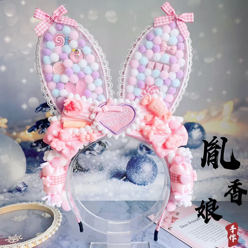 

Original hand-made Lolita KC Lolita headband rabbit ear headdress pink candy