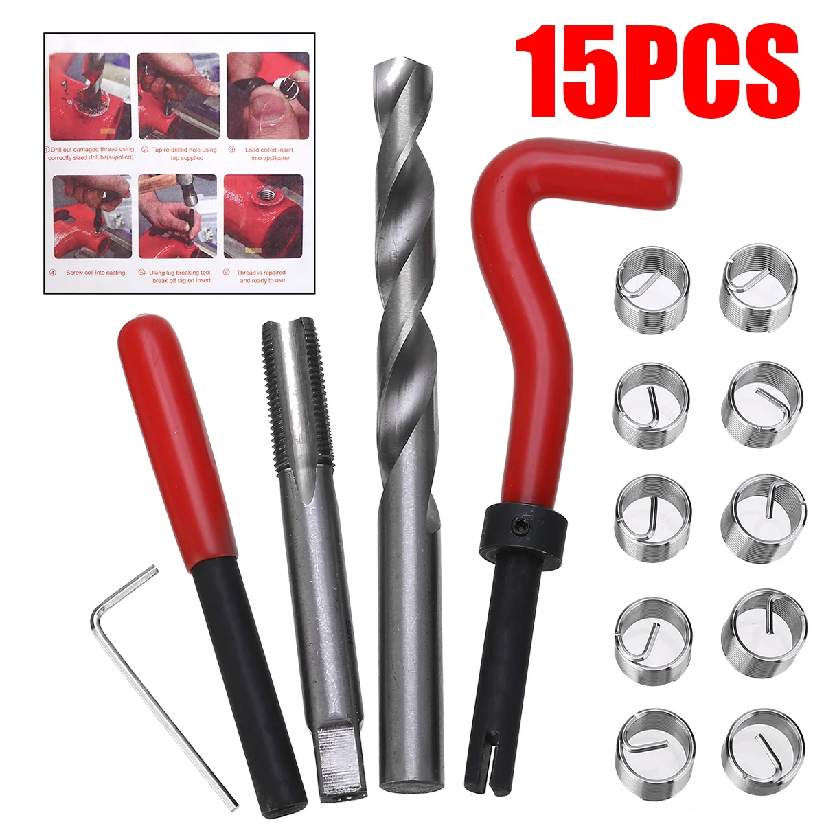 

15pcs Damaged Threads Repairs Tool Auto Car Insert Thread Restoring Tool Break Pin Tool Twist Drill Tap M12 Professional