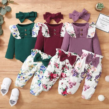 Baywell Autumn Newborn Baby Girl 3PCS/Set Clothing Set Ruffled Sleeve Romper Top+Floral Print Pants+Headband Infant Clothes