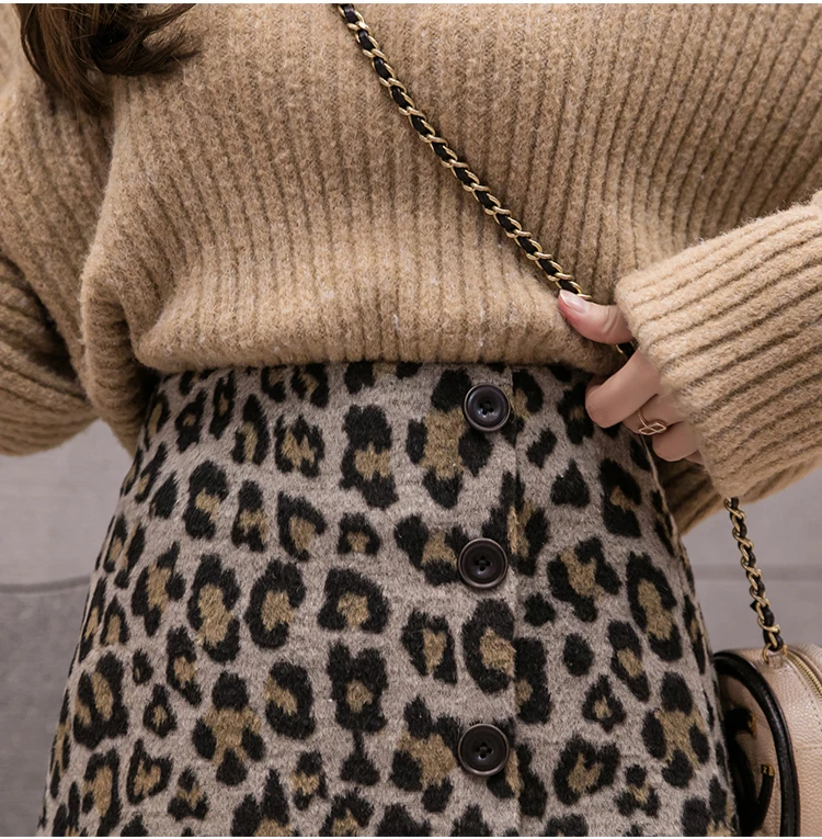Button A-Line Leopard Office Lady Faldas Mini Skirt Winter Skirt Women Korean High Waist Skirt for Women Skirts 7729 50