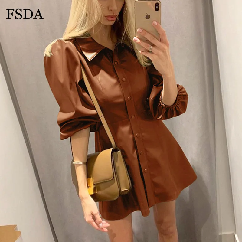 

FSDA Long Puff Sleeve PU Leather A Line Dress Brown Black Red Autumn Winter Casual Lady Button Women Turn Down Mini Dresses