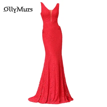 

Red Mermaid Bridesmaid Dresses LR994 Double V-Neck Sexy Women Party Dress Lace Floor-Length Vestidos De Fiesta Formal Long Gown