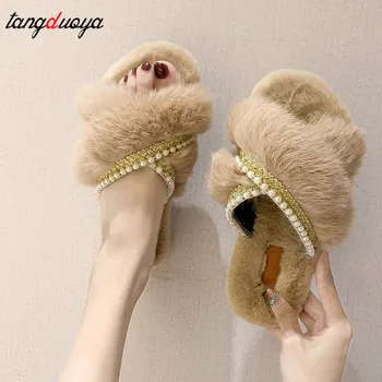 

slippers women Furry Women Slippers Home black Fox Hair House Slippers Cute Plush Fur Winter female slippers lady indoor slipper