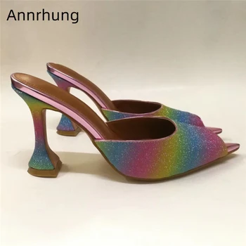 

Sexy V-cut Outs Peep Toe High Heel Lady Mules Unique Goblet Heel Pointed Toe Colorful Bling Sequins Summer Slippers Women