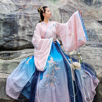 

Elegant Hanfu For Women Embroidery Mesh Big Swing Phoenix Embroidery Gradient Color Fairy Dress Chinese Ancient Hanfu DL5315