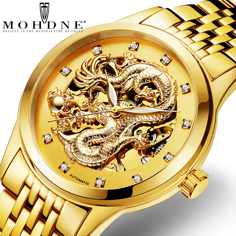 Роскошный скелет Fngeen мужские часы автоматические механические часы золотой дракон водонепроницаемые хронограф часы для мужчин s подарки