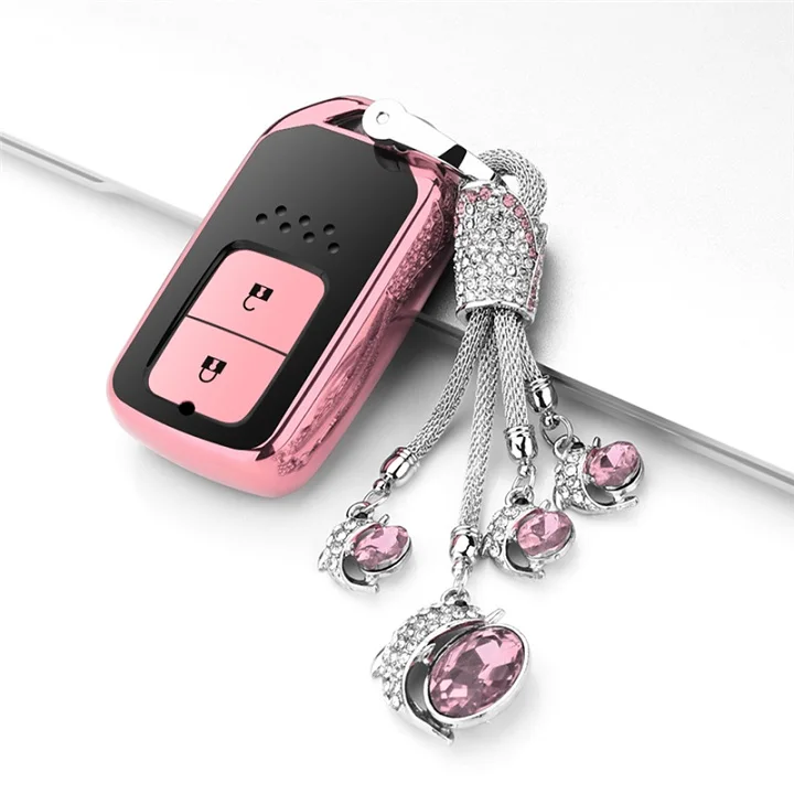 1 шт. умный пульт дистанционного управления Мягкий ТПУ Автомобильный ключ защитный кожух для Honda Vezel City Civic Jazz BRV BR-V HRV брелок 2 кнопки - Название цвета: A-Pink-keyring