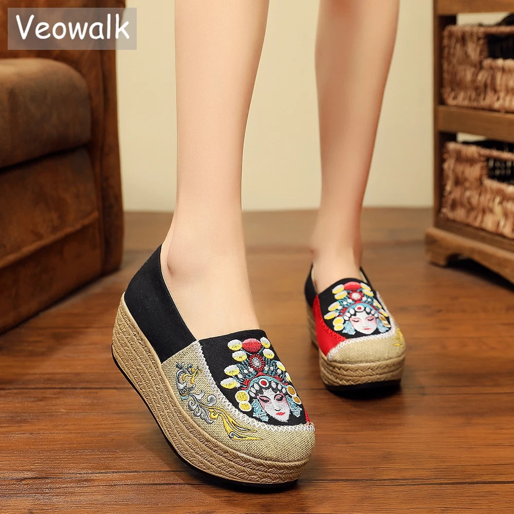 Veowalk Face Embroidered Women Canvas 5cm Flat Platform Vintage Handmade Linen Cotton Slip-on Sneakers Ladies Thick Bottom Shoes