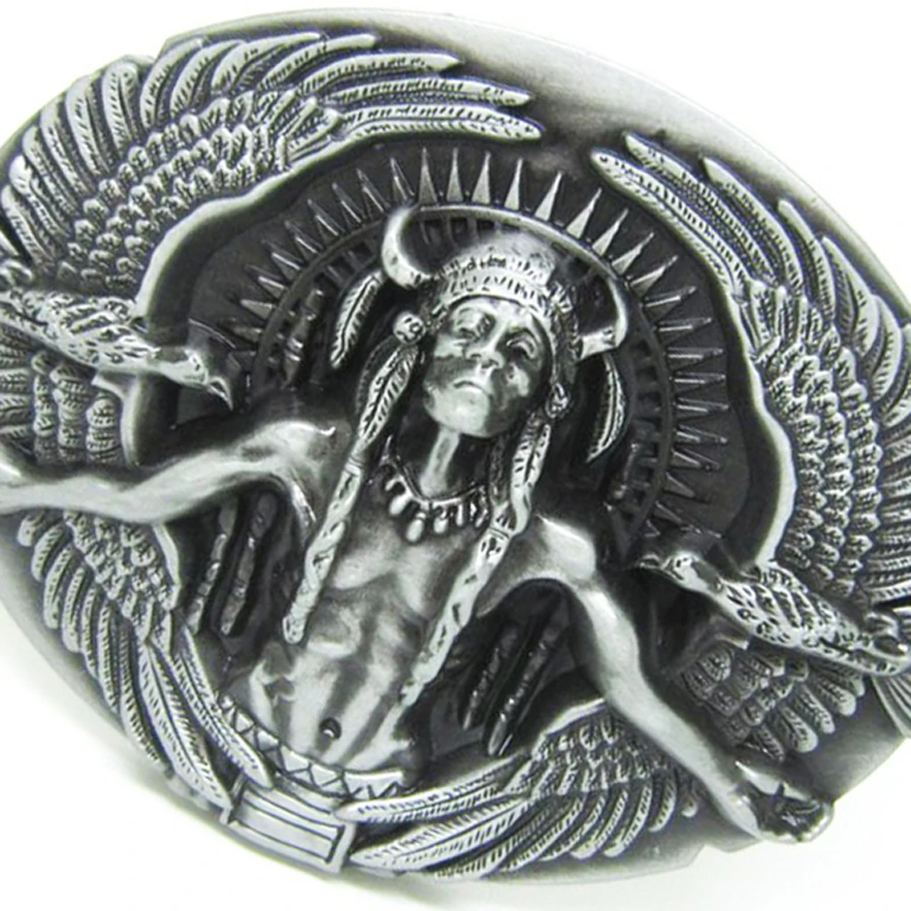 NaNative Western American Retro Indian Chiefs with Double Eagles Shaped Pattern Oval Zinc Alloy Men's Cool Ornament Belt Buckle