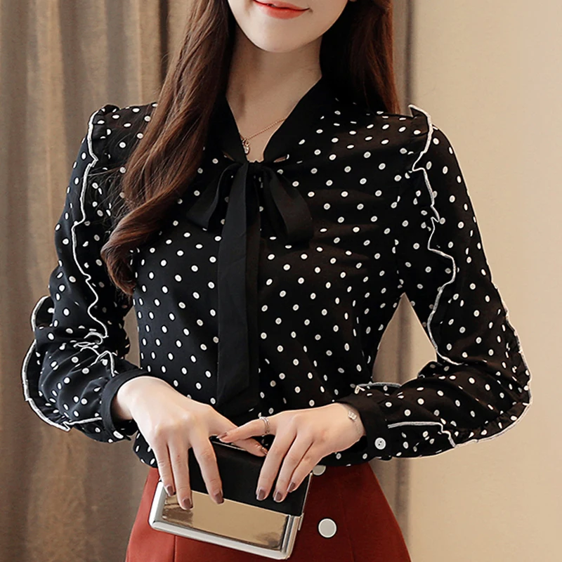 Женские топики blusa женственный Весенняя женская обувь, модная женская блузка в горошек Молодежные рубашки женские повседневные шифоновое платье со сборками 203C3