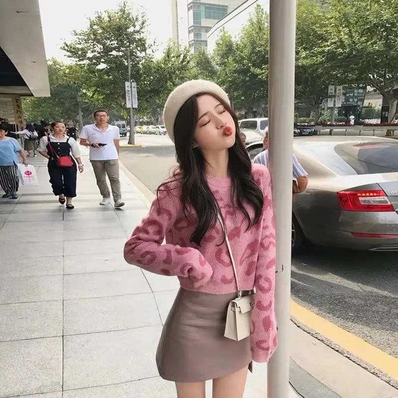 

Autumn and winter new fashion loose slim leopard short long sleeve pullover sweater women's round neck sweater