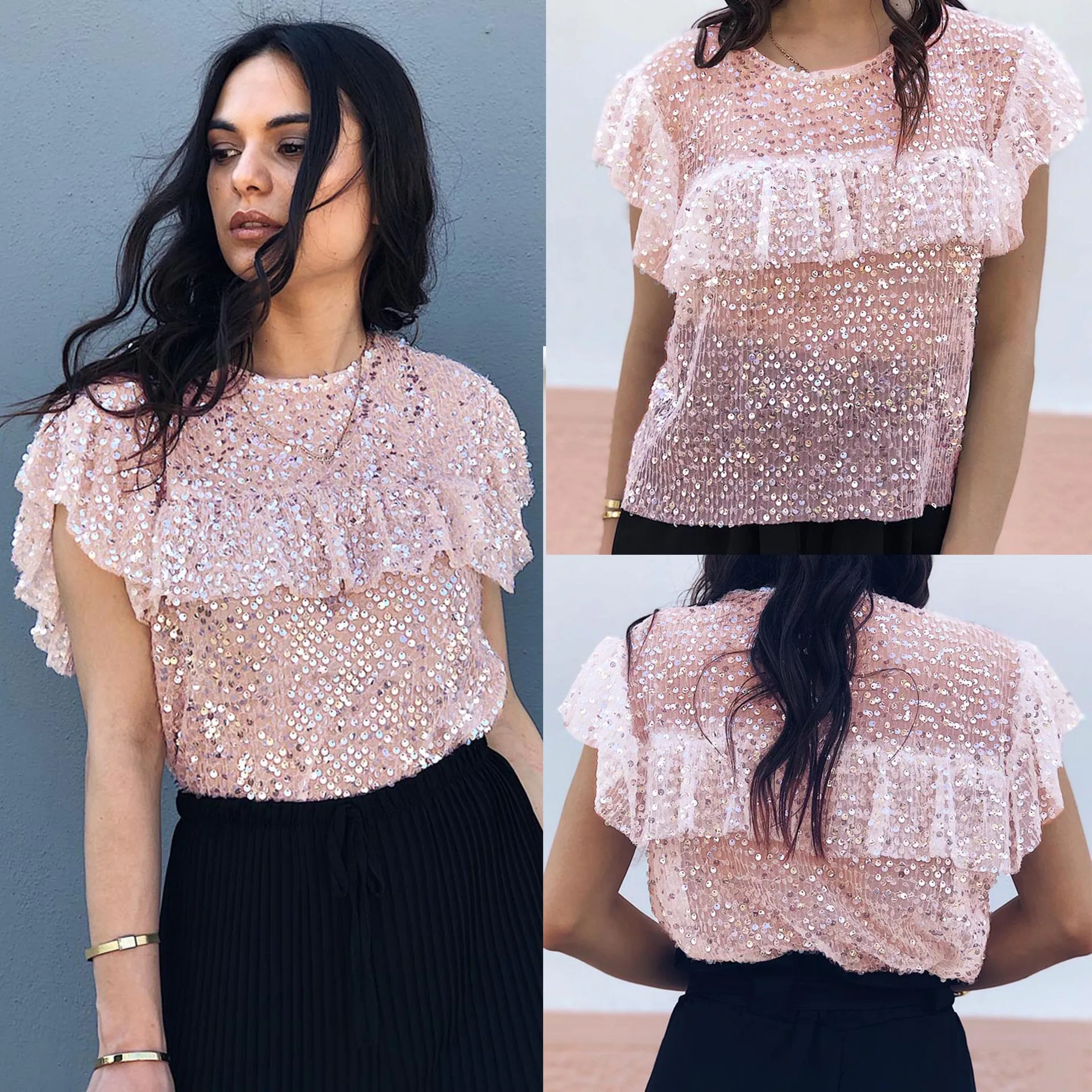 Kaufen 2019 Frauen Bluse und Tops Rosa Casual Rüschen Friesen Kurzarm Sehen Durch Frauen Tops Sommer Sexy Tops