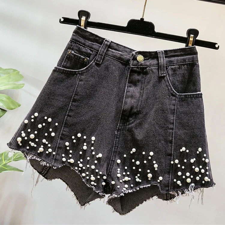 Women Clothes Women's Shorts New Solid Color Beaded Thin High Waist Harajuku Wild Wide Leg Jeans Women Pants Jeans - Цвет: 1
